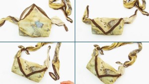 Bolso con dos foulards y un brick de cartón de leche. Bolsito fardo sofisticado