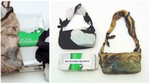 Bolso con dos foulards y un brick de cartón de leche. Bolsito fardo sofisticado