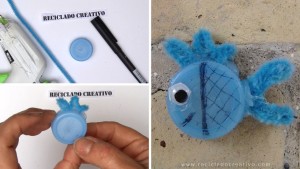 Pez azul hecho con un tapón de botella de plástico