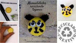 Manualidad para niños con tapones de plástico. Un tigre hecho con un tapón de botella de plástico.