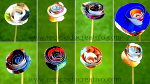 Flores parecidas a las rosas hechas con papel reciclado de fotos