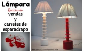 Lámpara con vendas y carretes de esparadrapo y botes de crema reciclados