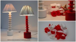Lámpara con vendas y carretes de esparadrapo y botes de crema reciclados