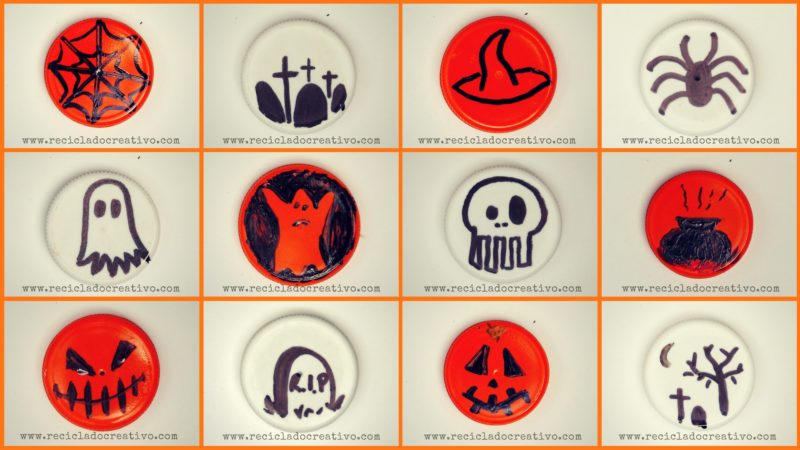 Manualidades con niños para Halloween con tapones de botellas de plástico reciclados
