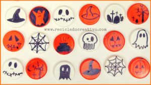 Manualidades con niños para Halloween con tapones de botellas de plástico reciclados