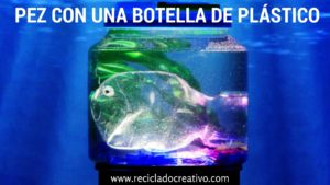 Pez hecho con una botella de plástico, dentro de una pecera con botellas de PET