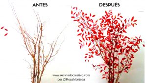 Árbol con botellas de plástico y ramas secas