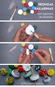 Peonza con tapones de botellas. Manualidad para niños. Reciclado Creativo