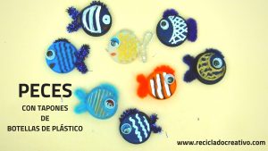 Manualidades con niños - peces con tapones de botellas de plástico