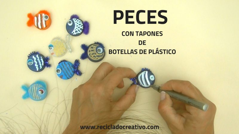 Manualidades con niños - peces con tapones de botellas de plástico