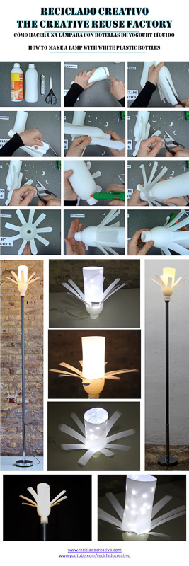 Cómo hacer una lámpara con botellas de yogourt - Reciclado Creativo. Rosa Montesa - How to make a lamp with two white plastic bottles