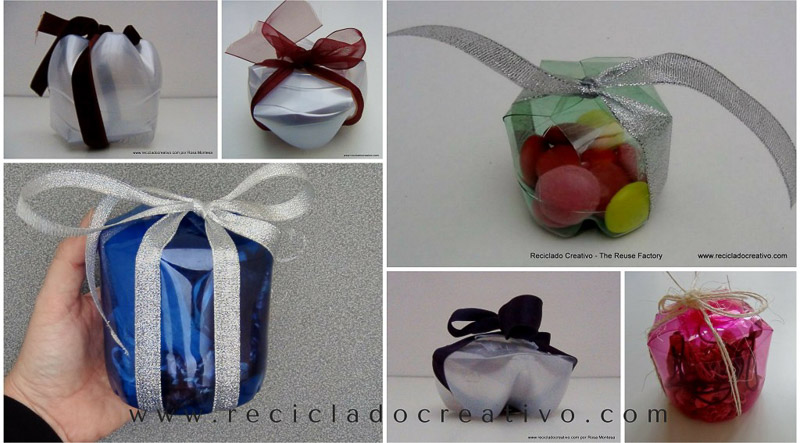 Cajas de regalo, bomboneras y dulceros realizados con botellas de plástico. Reciclado, reciclaje, recycling