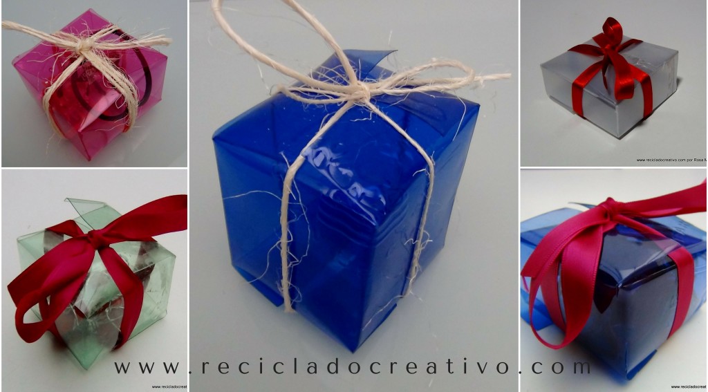Cajas de regalo, bomboneras y dulceros realizados con botellas de plástico. Reciclado, reciclaje, recycling