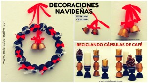 Decoraciones navideñas con cápsulas de café Dolce Gusto Una corona, un centro de mesa, unas campanillas, decoraciones para el árbol, portavelas y candelabros.