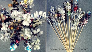 Flores (jacintos) con papel de revistas reciclado RETO CREATIVO